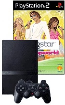 Slimline PlayStation 2 Console with SingStar Popworld and Microphones box art