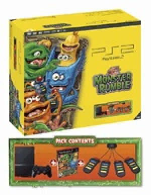 Black Sony Slimline PlayStation 2 Console with Buzz! Junior: Monster Rumble box art