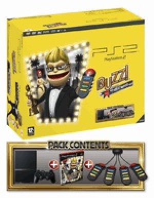 Black Sony Slimline PlayStation 2 Console with Buzz! The Hollywood Quiz box art
