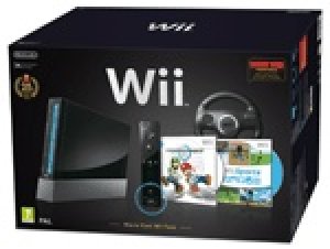 Wii Black Console with Wii Sports, Mario Kart and Black Wii Wheel box art