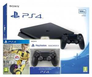 PlayStation 4 Console Slim 500GB (Black D Chassis) with FIFA 17 and New Sony PlayStation DualShock 4 Wireless Controller box art