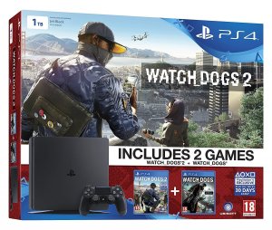 PlayStation 4 Console Slim 1TB (Black D Chassis) with Watch Dogs 2 Bundle box art