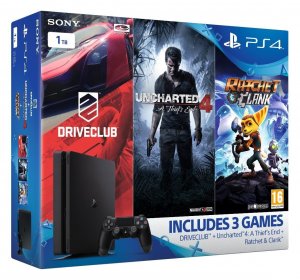 Playstation 4 Console 500GB Black with Uncharted 4 Ratchet and Clank DriveClub box art