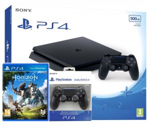 PlayStation 4 Console Slim 500GB (Black D Chassis) + Horizon Zero Dawn + New Sony PlayStation DualShock 4 Wireless Controller (V2) Black box art